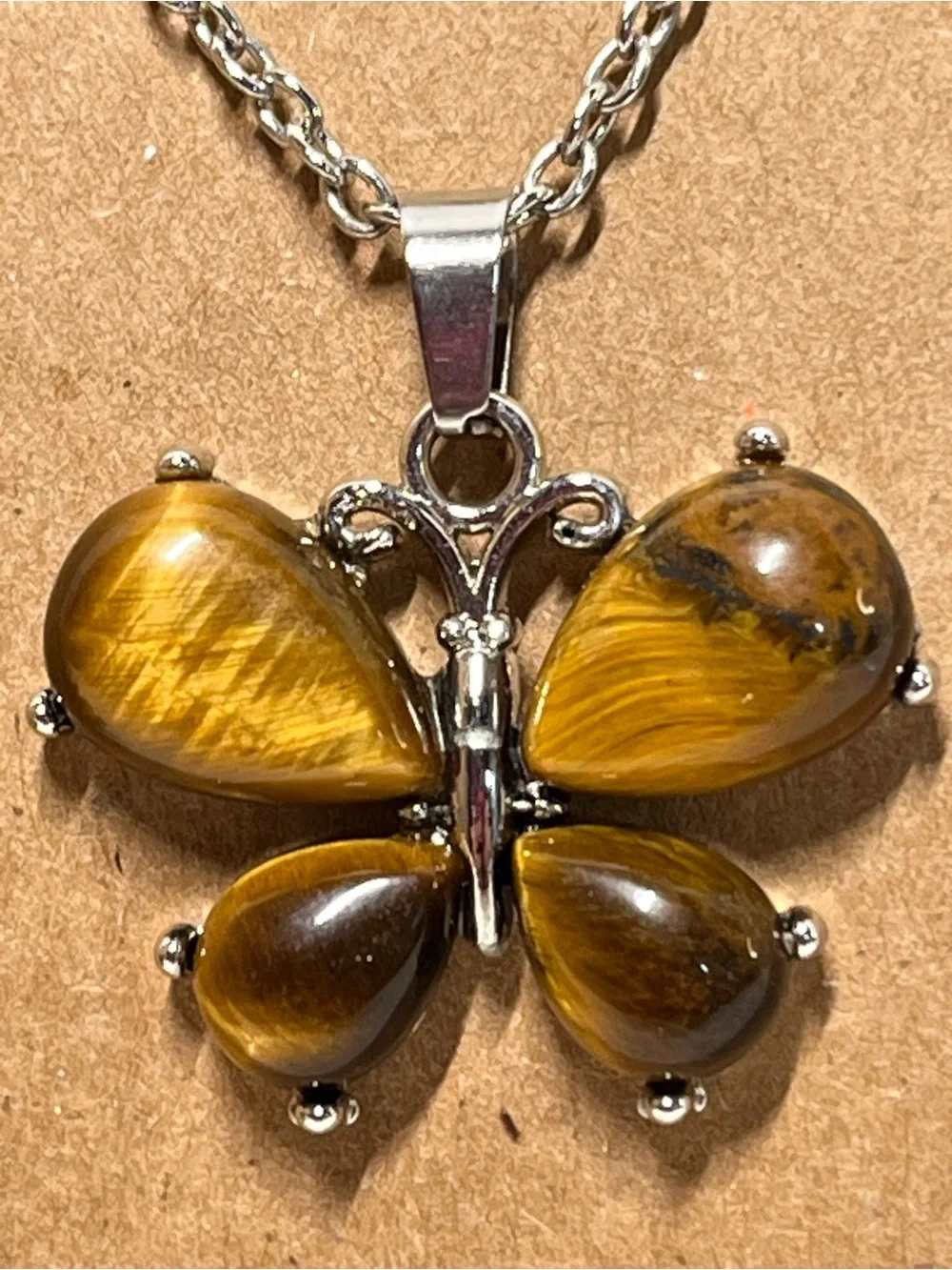 Tiger Eye Butterfly Pendant Necklace Silver Tone Brown Gemstone NEW